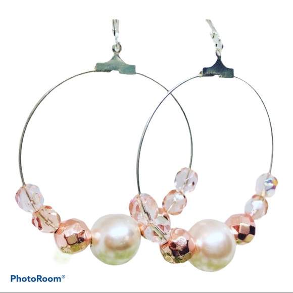 BOUTIQUE Pink and Pearl Beaded Hoop Earrings, Large Dangles, Czech Glass Beaded - Picture 4 of 7